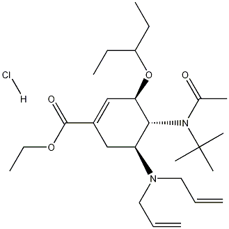 Molecular structure of (3R,4R,5S)-4-N-Acetyl(1,1-dimethylethyl)amino-5-N,N-diallylamino-3-(1-ethylpropoxy)-1-cyclohexene-1-carboxylic acid ethyl ester monohydrochloride